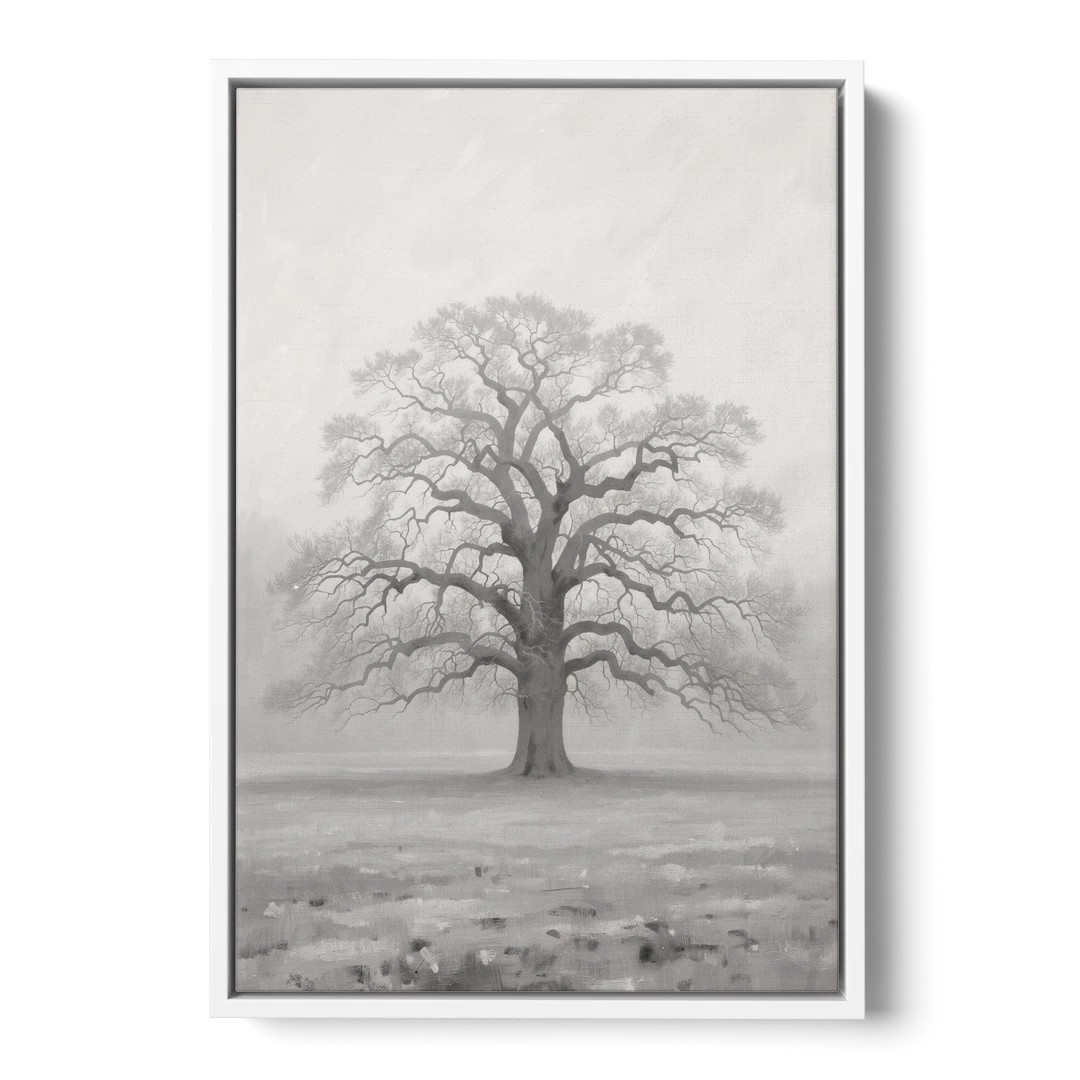 Black and White Tree Painting in Fog - White Framed Canvas Wall Art - Front