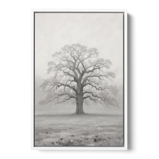 Black and White Tree Painting in Fog - White Framed Canvas Wall Art - Front