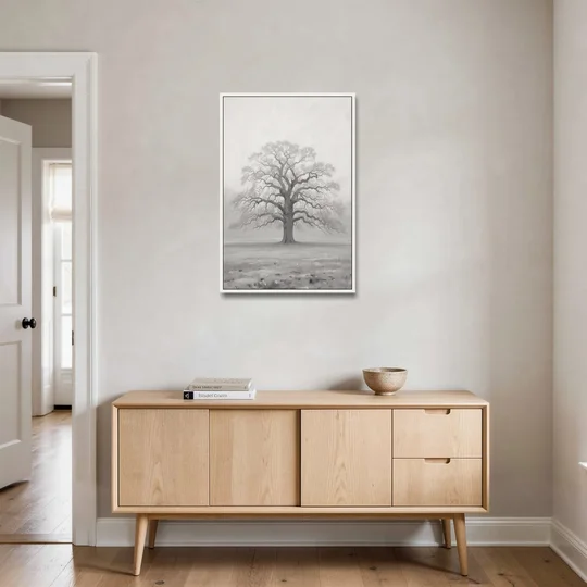 Black and White Tree Painting in Fog - White Framed Canvas Wall Art - Coffee Table - 24x36