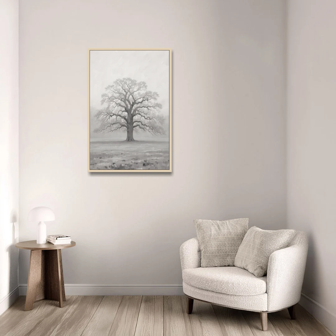 Black and White Tree Painting in Fog - Oak Framed Canvas Wall Art - Sofa - 24x36