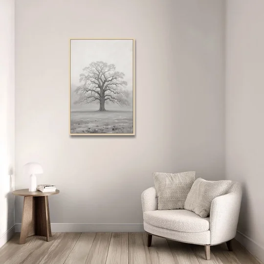 Black and White Tree Painting in Fog - Oak Framed Canvas Wall Art - Sofa - 24x36