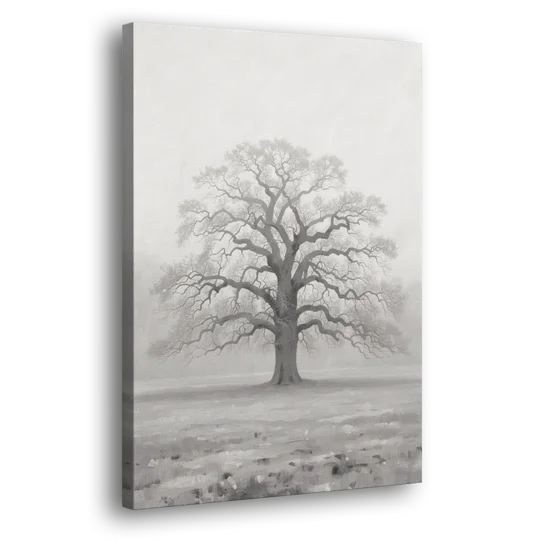 Black and White Tree Painting in Fog - Canvas Wall Art - Side