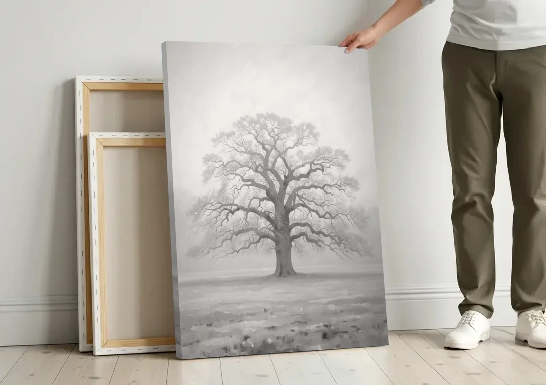 Black and White Tree Painting in Fog canvas wall art leaning against a wall next to blank canvases