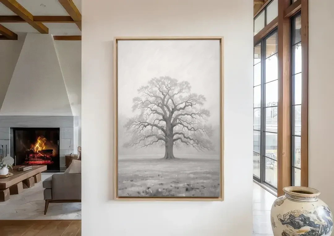 Black and White Tree Painting in Fog canvas wall art in a living room with a fireplace