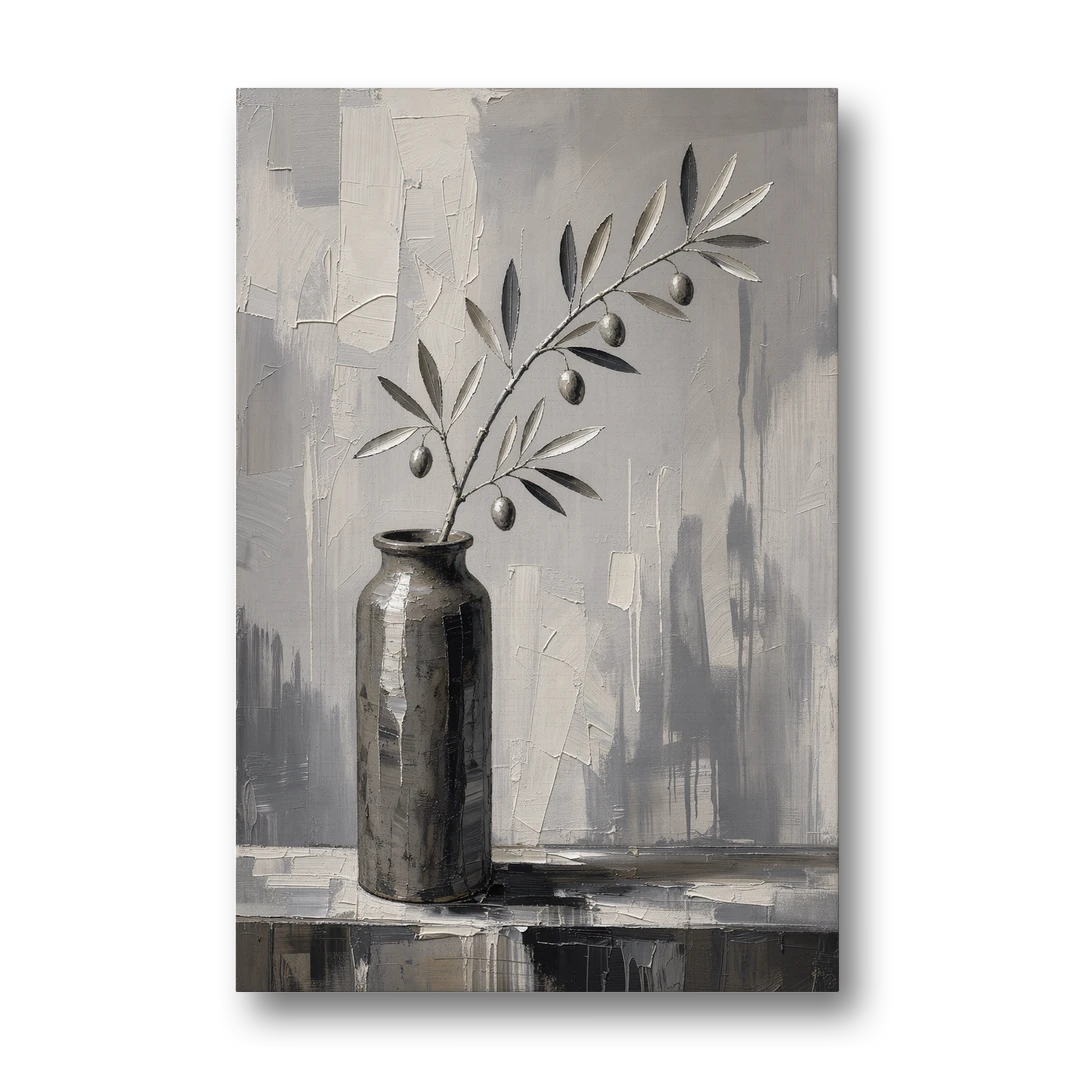 Black and White Vase Painting with Olive Branch - Canvas Wall Art - Front