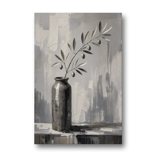 Black and White Vase Painting with Olive Branch - Canvas Wall Art - Front