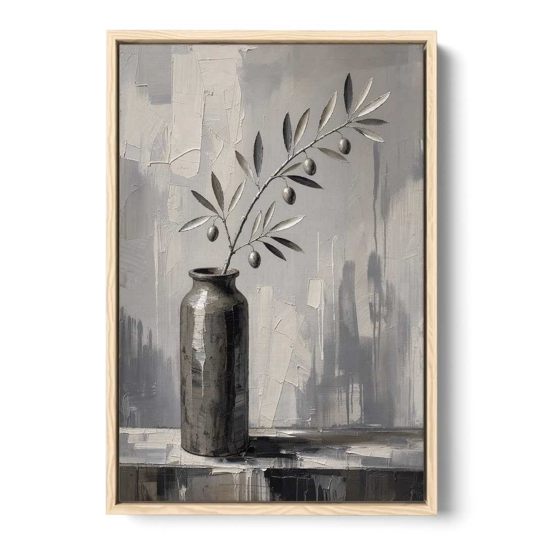 Black and White Vase Painting with Olive Branch - Oak Framed Canvas Wall Art - Front
