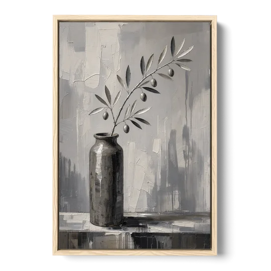 Black and White Vase Painting with Olive Branch - Oak Framed Canvas Wall Art - Front