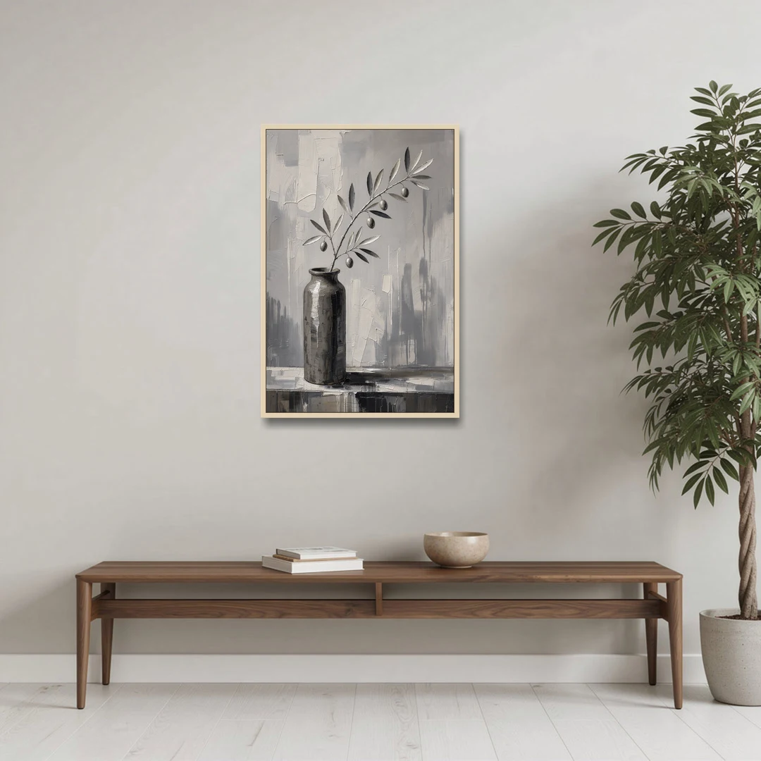 Black and White Vase Painting with Olive Branch - Oak Framed Canvas Wall Art - Coffee Table - 24x36