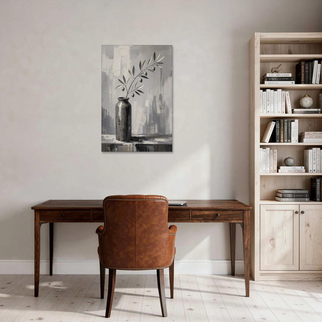 Black and White Vase Painting with Olive Branch - Canvas Wall Art - Office - 24x36