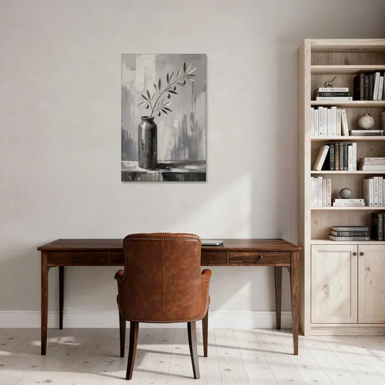 Black and White Vase Painting with Olive Branch - Canvas Wall Art - Office - 24x36
