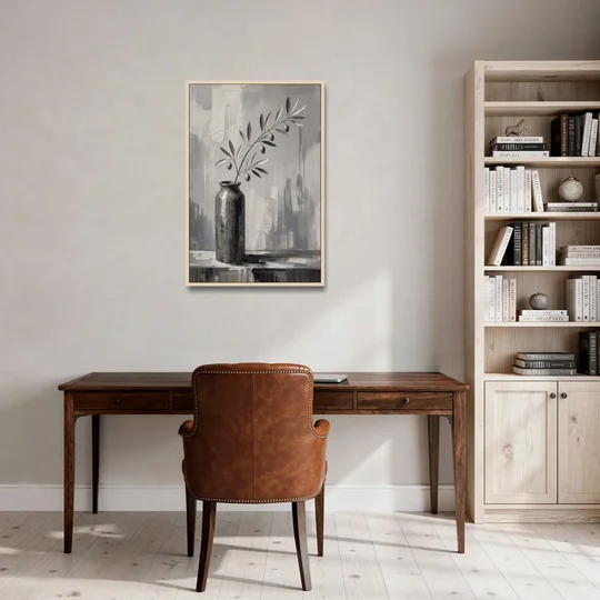 Black and White Vase Painting with Olive Branch - Oak Framed Canvas Wall Art - Office - 24x36