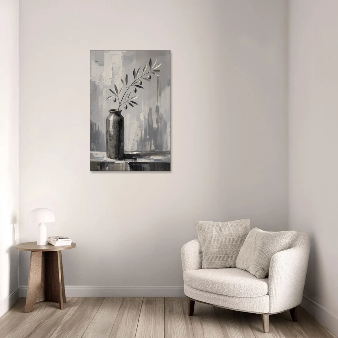 Black and White Vase Painting with Olive Branch - Canvas Wall Art - Sofa - 24x36