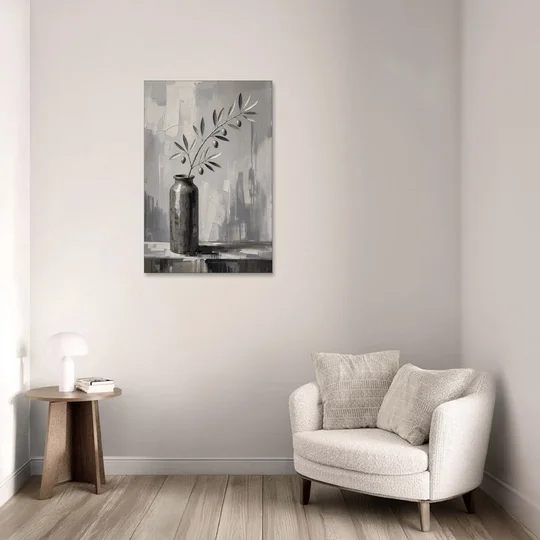 Black and White Vase Painting with Olive Branch - Canvas Wall Art - Sofa - 24x36