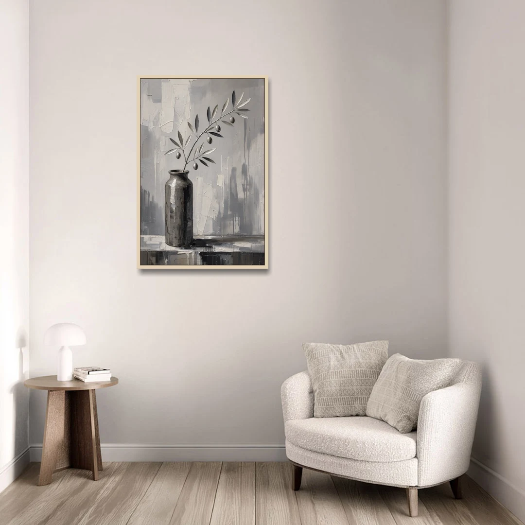 Black and White Vase Painting with Olive Branch - Oak Framed Canvas Wall Art - Sofa - 24x36