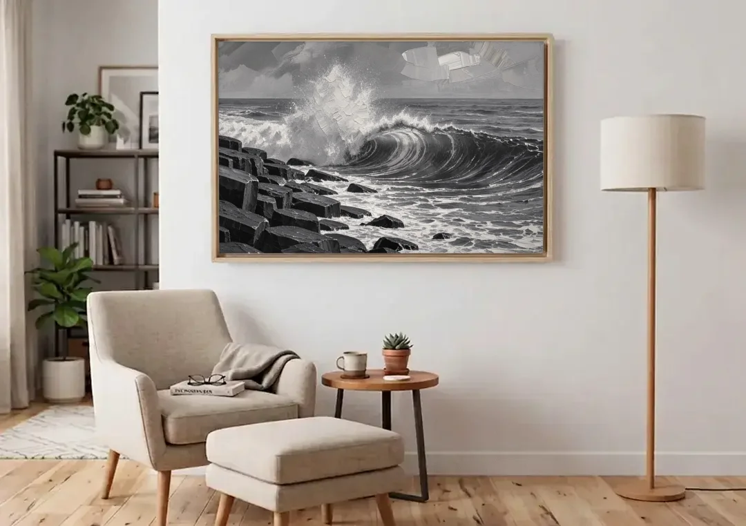 Black and White Wall Art for Living Room canvas wall art above an armchair in a bright living room