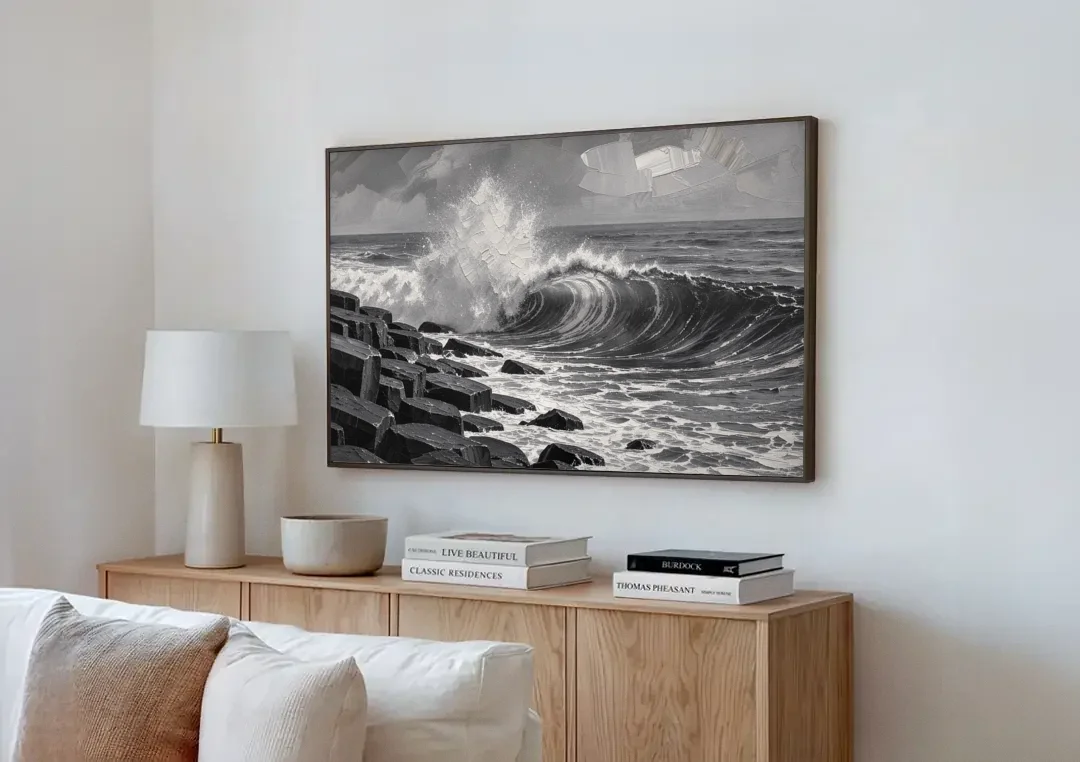 Black and White Wall Art for Living Room canvas wall art above a wooden sideboard next to a sofa