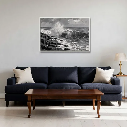 Black and White Wall Art for Living Room - White Framed Canvas Wall Art - Sofa - 36x24