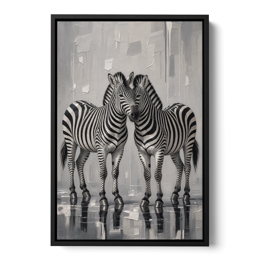 Black and White Zebra Grooming Pair in Palette Knife - Black Framed Canvas Wall Art - Front