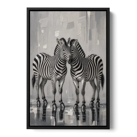 Black and White Zebra Grooming Pair in Palette Knife - Black Framed Canvas Wall Art - Front