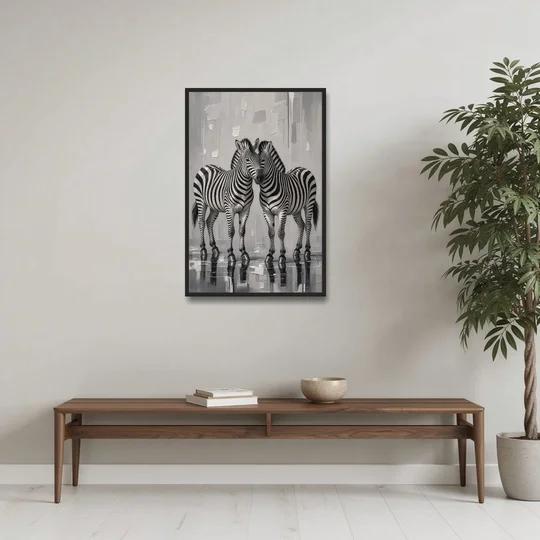 Black and White Zebra Grooming Pair in Palette Knife - Black Framed Canvas Wall Art - Coffee Table - 24x36