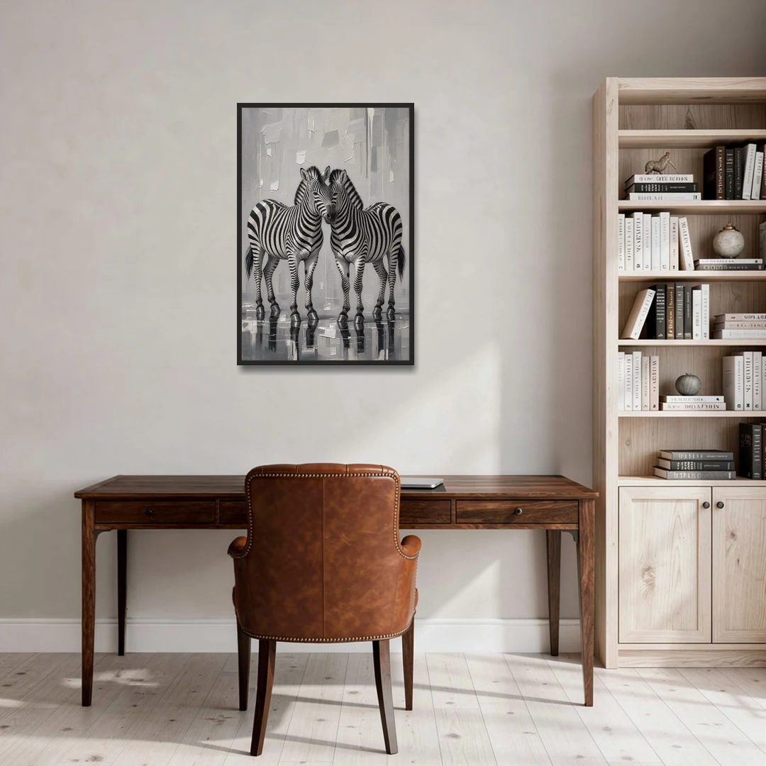 Black and White Zebra Grooming Pair in Palette Knife - Black Framed Canvas Wall Art - Office - 24x36