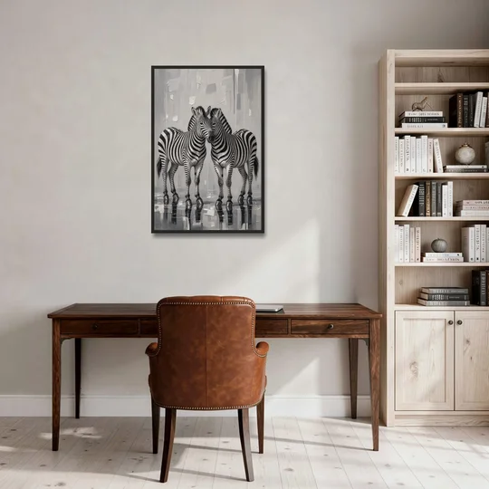 Black and White Zebra Grooming Pair in Palette Knife - Black Framed Canvas Wall Art - Office - 24x36