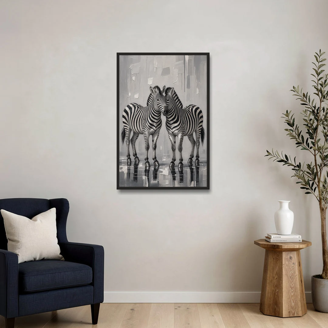 Black and White Zebra Grooming Pair in Palette Knife - Black Framed Canvas Wall Art - Sofa - 24x36