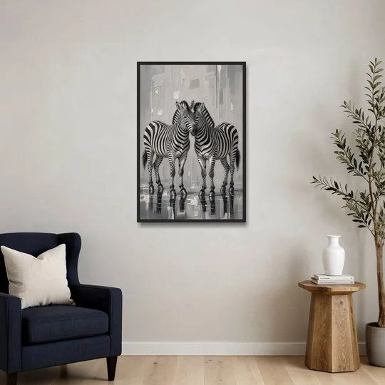 Black and White Zebra Grooming Pair in Palette Knife - Black Framed Canvas Wall Art - Sofa - 24x36