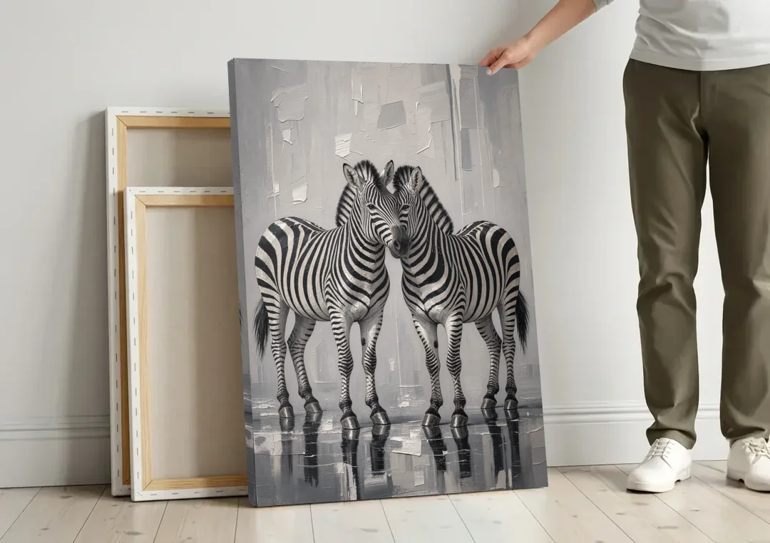 Black and White Zebra Grooming Pair in Palette Knife canvas wall art leaning against a wall next to blank canvases