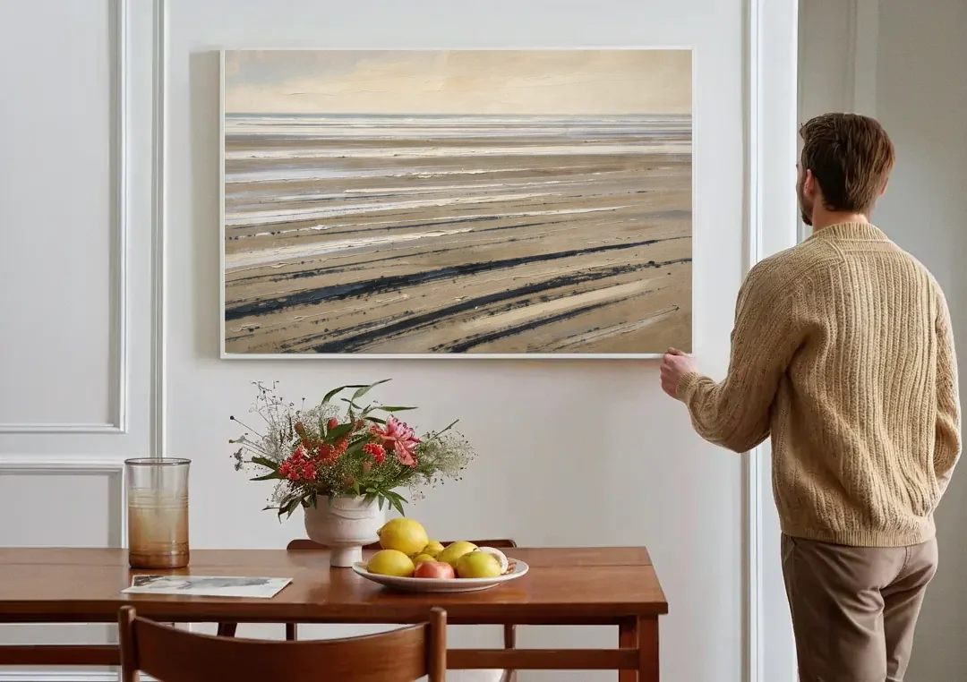 Black Brush Stroke Painting of Low Tide Sand canvas wall art above a dining table