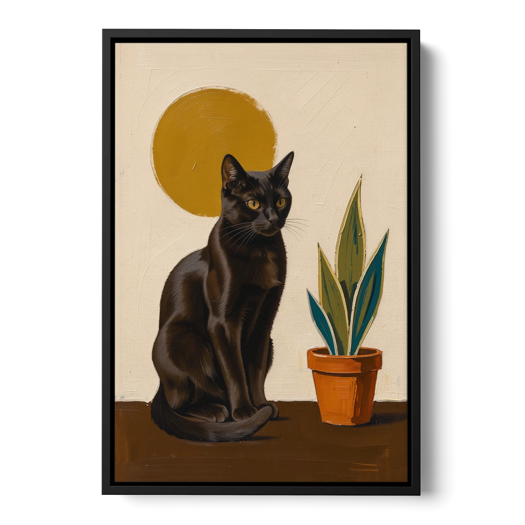 Black Cat and Snake Plant Under a Mustard Sun - Black Framed Canvas Wall Art - Front