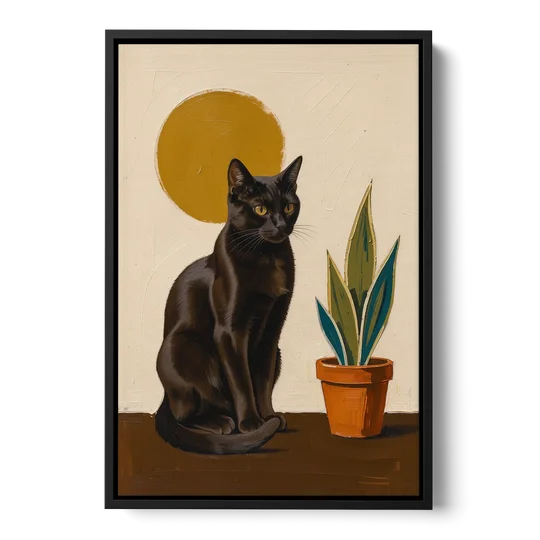 Black Cat and Snake Plant Under a Mustard Sun - Black Framed Canvas Wall Art - Front