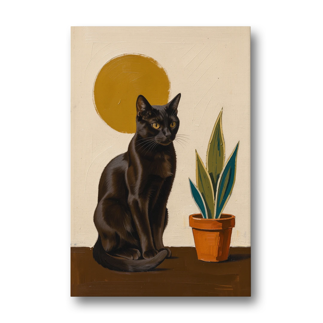 Black Cat and Snake Plant Under a Mustard Sun - Canvas Wall Art - Front