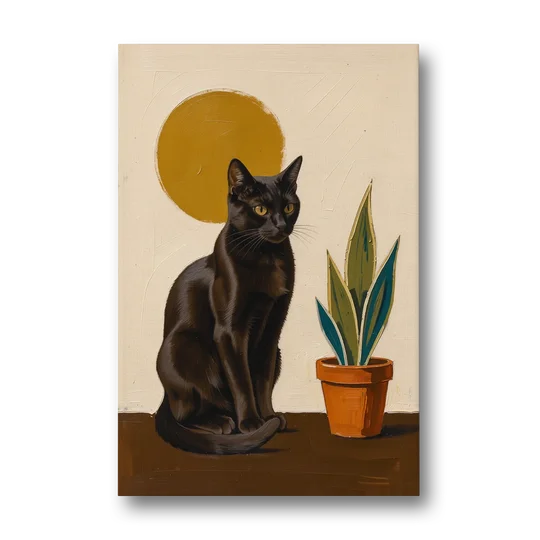 Black Cat and Snake Plant Under a Mustard Sun - Canvas Wall Art - Front