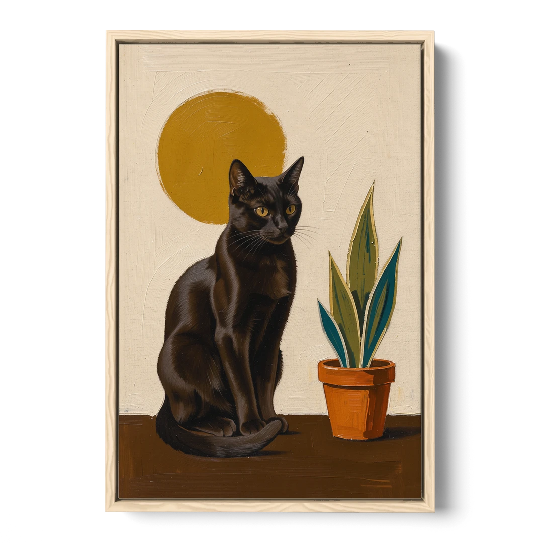 Black Cat and Snake Plant Under a Mustard Sun - Oak Framed Canvas Wall Art - Front