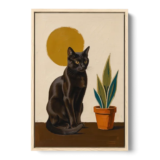 Black Cat and Snake Plant Under a Mustard Sun - Oak Framed Canvas Wall Art - Front