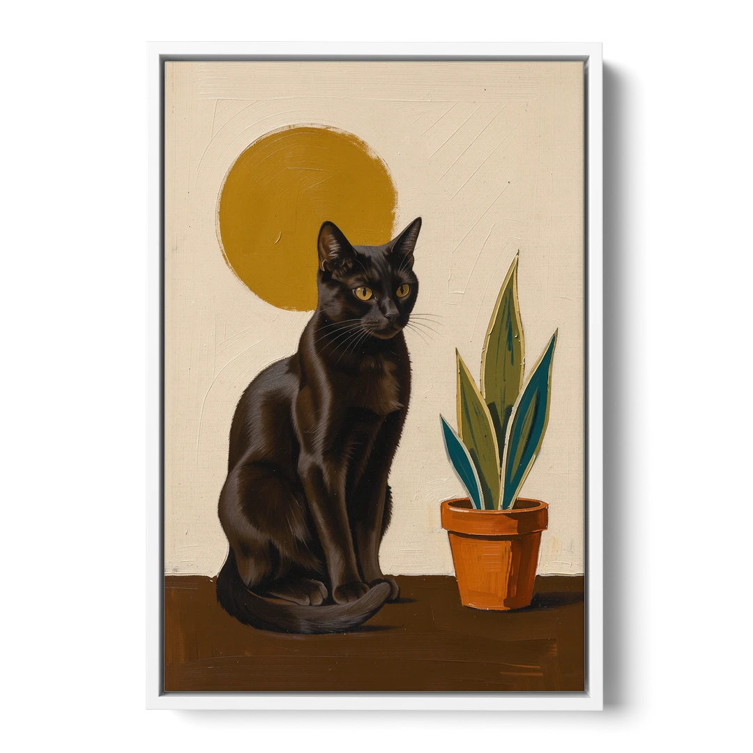 Black Cat and Snake Plant Under a Mustard Sun - White Framed Canvas Wall Art - Front