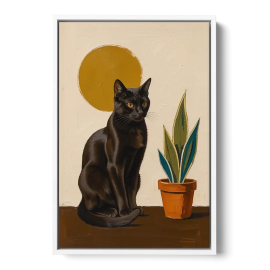 Black Cat and Snake Plant Under a Mustard Sun - White Framed Canvas Wall Art - Front