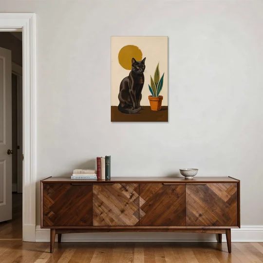Black Cat and Snake Plant Under a Mustard Sun - Canvas Wall Art - Coffee Table - 24x36