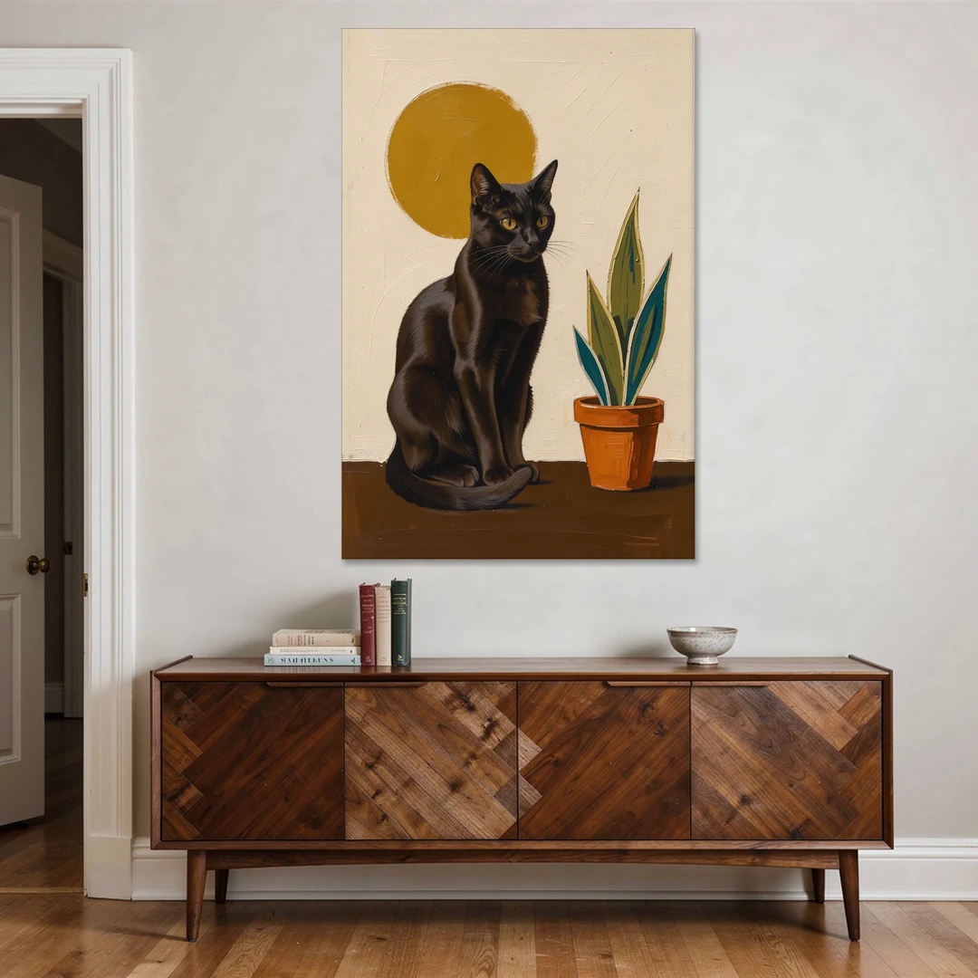 Black Cat and Snake Plant Under a Mustard Sun - Canvas Wall Art - Coffee Table - 40x60