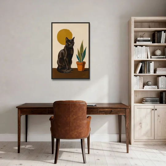 Black Cat and Snake Plant Under a Mustard Sun - Black Framed Canvas Wall Art - Office - 24x36