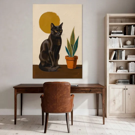 Black Cat and Snake Plant Under a Mustard Sun - Canvas Wall Art - Office - 40x60