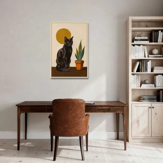 Black Cat and Snake Plant Under a Mustard Sun - Oak Framed Canvas Wall Art - Office - 24x36