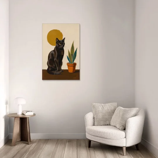 Black Cat and Snake Plant Under a Mustard Sun - Canvas Wall Art - Sofa - 24x36