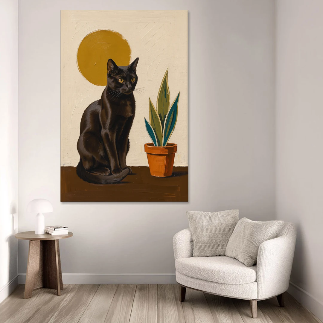 Black Cat and Snake Plant Under a Mustard Sun - Canvas Wall Art - Sofa - 40x60
