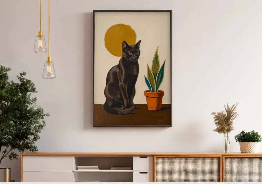 Black Cat and Snake Plant Under a Mustard Sun canvas wall art above a wooden sideboard under pendant lights
