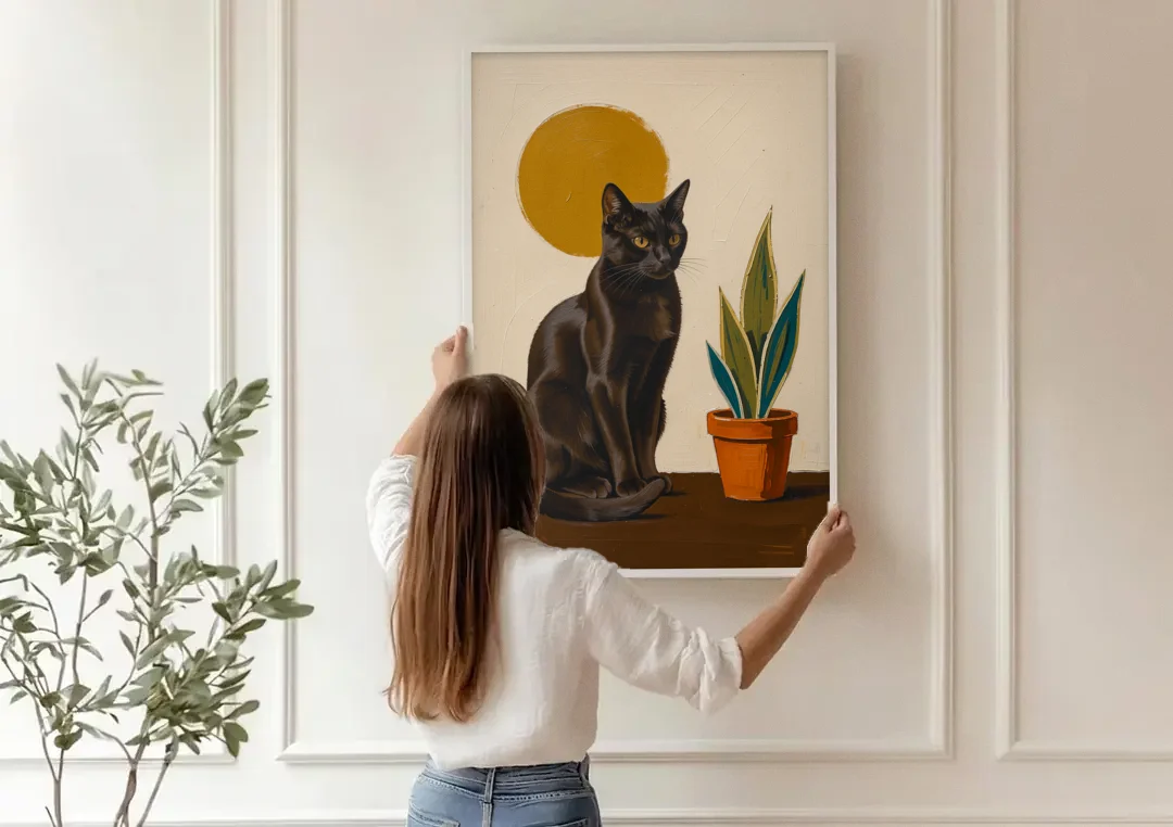 Black Cat and Snake Plant Under a Mustard Sun canvas wall art being hung on a paneled wall