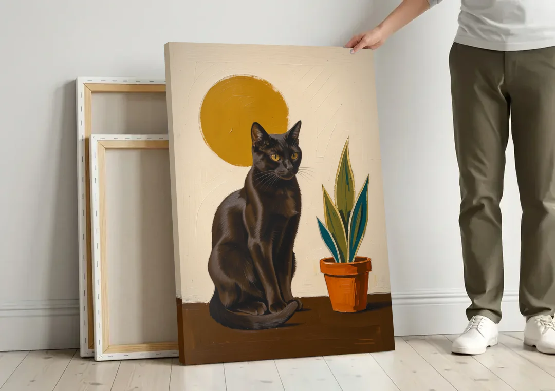 Black Cat and Snake Plant Under a Mustard Sun canvas wall art leaning against a wall next to blank canvases