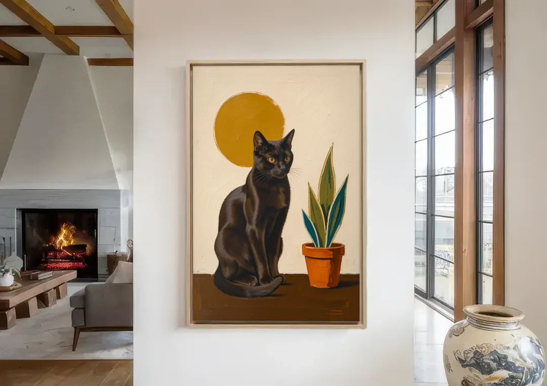 Black Cat and Snake Plant Under a Mustard Sun canvas wall art in a living room with a fireplace